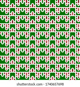 Seamless vector pattern for Christmas and New Year decoration and gift wrapping. Red and pink elliptical elements with curved white outline on green background like garlands on snow covered fir trees.