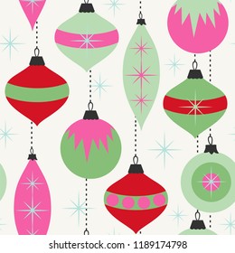 Seamless vector pattern with Christmas ornaments in retro style.