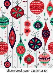 Seamless vector pattern with Christmas ornaments in retro style.