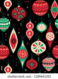 Seamless vector pattern with Christmas ornaments in retro style.