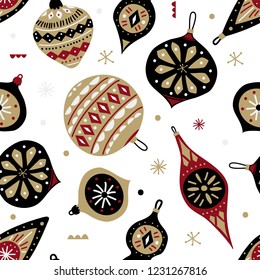 Seamless vector pattern with Christmas ornaments in retro style.