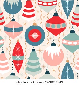 Seamless vector pattern with Christmas ornaments, streamers and stars.