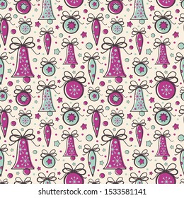 Seamless vector pattern with Christmas ornaments. Great for wrapping paper, background, wallpaper, surface design.