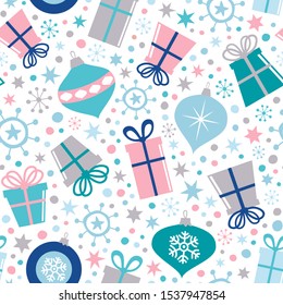 Seamless vector pattern with Christmas ornaments, confetti, gift boxes, snowflakes and stars. Christmas background great for wrapping paper, fabric,wallpaper, surface design.