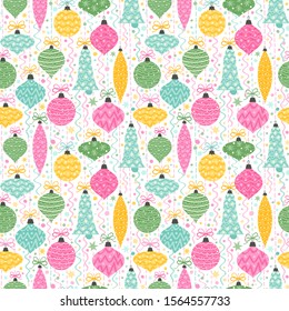 Seamless vector pattern with Christmas ornaments, streamers, confetti, stars. Christmas illustration.