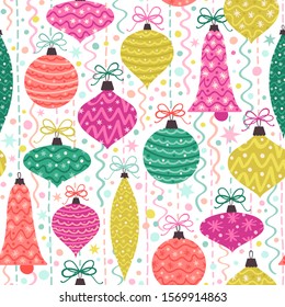 Seamless vector pattern with Christmas ornaments in  bright colors.