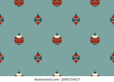 Seamless vector pattern with Christmas ornaments in flat retro style baubles, in muted red and green tones. Perfect for festive wrapping and backgrounds. Isolated gray background
