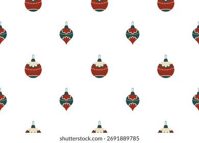 Seamless vector pattern with Christmas ornaments in flat retro style baubles, in muted red and green tones. Perfect for festive wrapping and backgrounds. Isolated white background