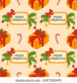 Padrão de vetor sem emenda com enfeites de Natal e etiquetas de Feliz Natal em um fundo rosa macio, adequado para papel de embrulho, tecido e embalagem de feriado.