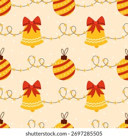 Nahtloses Vektormuster mit Weihnachtsschmuck. Ideal zum Verpacken von Papier, Gewebe und saisonalen Verpackungen.