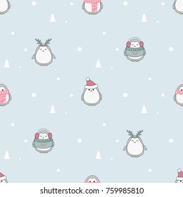 Seamless vector pattern with christmas penguins on pastel blue background, perfect for wrapping paper, greeting cards, etc.