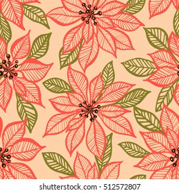 Seamless Vector Pattern With Christmas Poinsettia Plant
