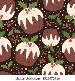 Seamless vector pattern with Christmas pudding and holly berries on a dark background.