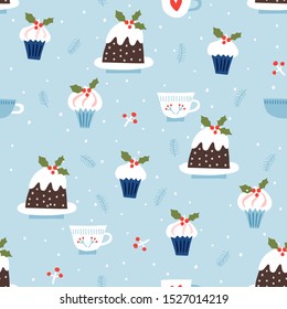 Seamless vector pattern with Christmas pudding and cups. Can be used for wallpaper, pattern fills, web page background, surface textures, gifts. Creative Hand Drawn textures for winter holidays. 