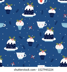 Seamless vector pattern with Christmas pudding and cups. Can be used for wallpaper, pattern fills, web page background, surface textures, gifts. Creative Hand Drawn textures for winter holidays. 