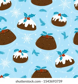 Seamless Vector Pattern of Christmas Pudding with Holly Leaves and Berries, Christmas Tree Branches, Snowflakes. Winter Holiday Background with Traditional Food Plum Pudding. Xmas, New Year