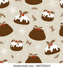 Seamless Vector Pattern of Christmas Pudding with Holly Leaves and Berries, Christmas Tree Branches, Snowflakes. Winter Holiday Background with Traditional Food Plum Pudding. Xmas, New Year