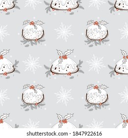 Seamless Vector Pattern of Christmas Pudding with Holly Leaves and Berries, Christmas Tree Branches, Snowflakes. Winter Holiday Background with Traditional Food Plum Pudding. Xmas, New Year