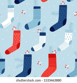 Seamless vector pattern with Christmas socks. Can be used for wallpaper, pattern fills, web page background, surface textures, gifts. Creative Hand Drawn textures for winter holidays.