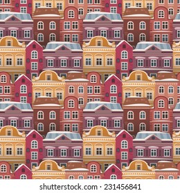 Seamless vector pattern  in Christmas style with snow-covered facades Dutch house . Different color and shape old houses. Facades of houses in the traditional Dutch style.