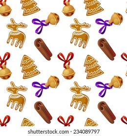 Seamless vector pattern in Christmas style with Citrus Christmas cookies and bell. Background in cartoon style.