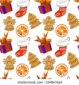 Seamless vector pattern in Christmas style with Citrus Christmas cookies and gifts. Background in cartoon style.