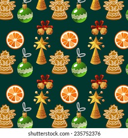 Seamless vector pattern in Christmas style with Christmas gingerbread cookies and a bell. Background in cartoon style.