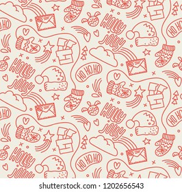 Seamless vector pattern with Christmas symbols made in doodle style. Cute cartoon xmas symbols in vintage colors with lettering.