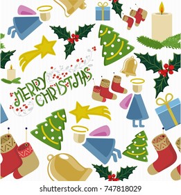 seamless vector pattern of Christmas symbols, Christmas tree, angel, candle, socks, comet, gift, bell, holly plant and beautiful text merry Christmas. for holiday design, gift packaging paper