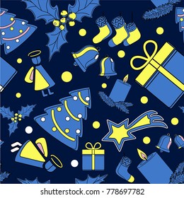 seamless vector pattern of Christmas symbols, Christmas tree, angel, candle, socks, comet, gift, bell, holly plant and beautiful text merry Christmas. for holiday design, gift packaging paper
