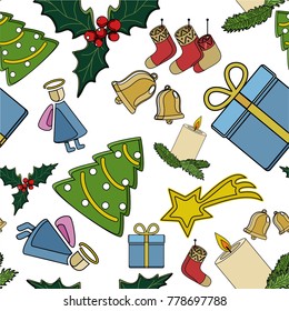 seamless vector pattern of Christmas symbols, Christmas tree, angel, candle, socks, comet, gift, bell, holly plant and beautiful text merry Christmas. for holiday design, gift packaging paper