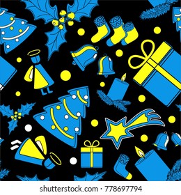 seamless vector pattern of Christmas symbols, Christmas tree, angel, candle, socks, comet, gift, bell, holly plant and beautiful text merry Christmas. for holiday design, gift packaging paper