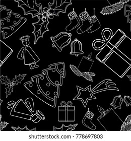 seamless vector pattern of Christmas symbols, Christmas tree, angel, candle, socks, comet, gift, bell, holly plant and beautiful text merry Christmas. for holiday design, gift packaging paper