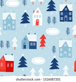 Seamless Vector Pattern With Christmas Town. Can Be Used For Wallpaper, Pattern Fills, Web Page Background, Surface Textures, Gifts. Creative Hand Drawn Textures For Winter Holidays.