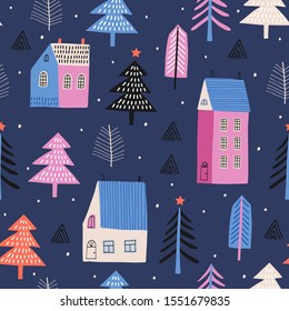 Seamless vector pattern with Christmas town. Can be used for wallpaper, pattern fills, web page background, surface textures, gifts. Creative Hand Drawn textures for winter holidays.