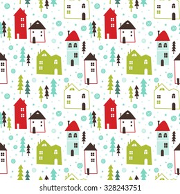 Seamless Vector Pattern With Christmas Town In Snow. Can Be Used For Wallpaper, Pattern Fills, Web Page Background, Surface Textures, Gifts. Creative Hand Drawn Textures With Christmas Trees.