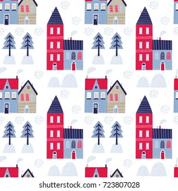 Seamless Vector Pattern With Christmas Town. Can Be Used For Wallpaper, Pattern Fills, Web Page Background, Surface Textures, Gifts. Creative Hand Drawn Textures For Winter Holidays.