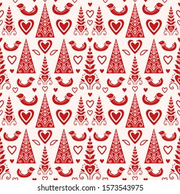 Seamless vector pattern with Christmas tree, birds and hearts in scandinavian style. 