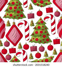 Seamless vector pattern with Christmas tree decorations, gifts. Pattern in hand draw style