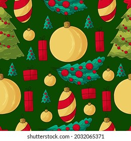 Seamless vector pattern with Christmas tree decorations, gifts. Can be used for fabric, packaging, wrapping paper, textile and etc
