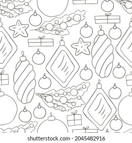 Seamless vector pattern, Christmas tree decorations. Pattern in hand draw style