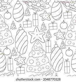 Seamless vector pattern, Christmas tree decorations. Pattern in hand draw style