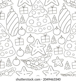 Seamless vector pattern, Christmas tree decorations. Pattern in hand draw style