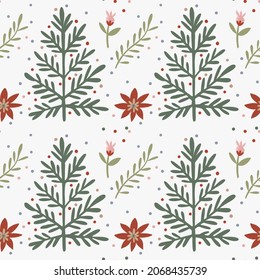 Seamless vector pattern with Christmas tree, leaves and flowers. Perfect for wallpapers, wrapping paper, gift boxes and cards. background for winter holidays. Merry Christmas and New Year’s texture