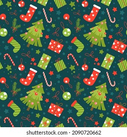 Seamless vector pattern with Christmas tree and gift boxes. Winter wrapping paper.