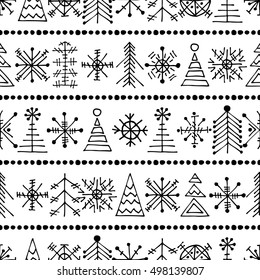 Seamless vector pattern with christmas tree and snowflakes. Black and white winter background with decorative hand drawn fir tree. Graphic illustration. Series of winter seamless vector patterns.