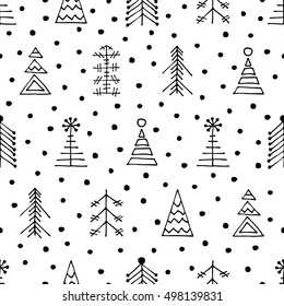 Seamless vector pattern with christmas tree and snowflakes. Black and white winter background with decorative hand drawn fir tree. Graphic illustration. Series of winter seamless vector patterns.
