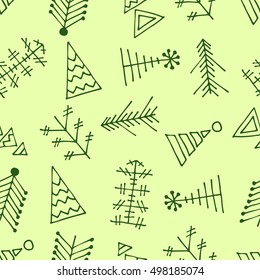Seamless vector pattern with christmas tree. Green winter background with decorative hand drawn fir tree. Graphic illustration. Series of winter seamless vector patterns.
