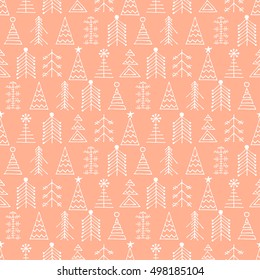 Seamless vector pattern with christmas tree. Coral winter background with decorative hand drawn fir tree. Graphic illustration. Series of winter seamless vector patterns.