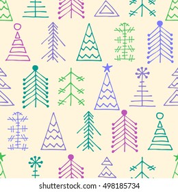 Seamless vector pattern with christmas tree. Colorful winter background with decorative hand drawn fir tree. Graphic illustration. Series of winter seamless vector patterns.